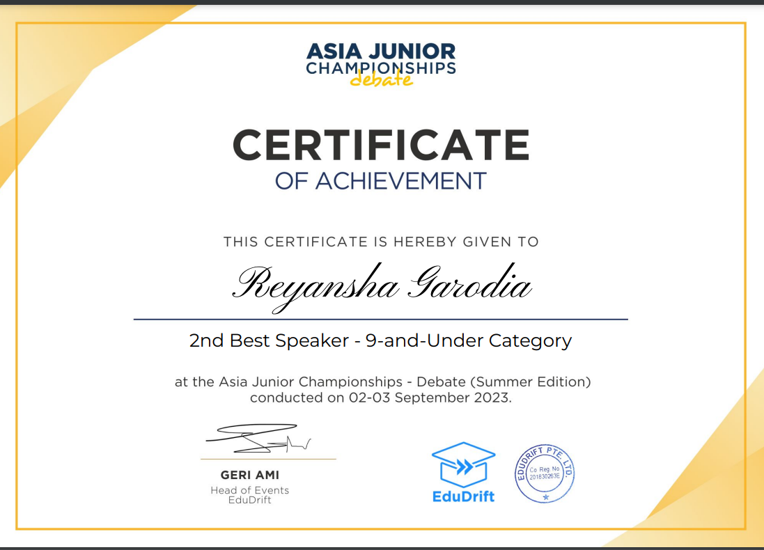 Reyansha Shines at Asia Junior Debate Championship