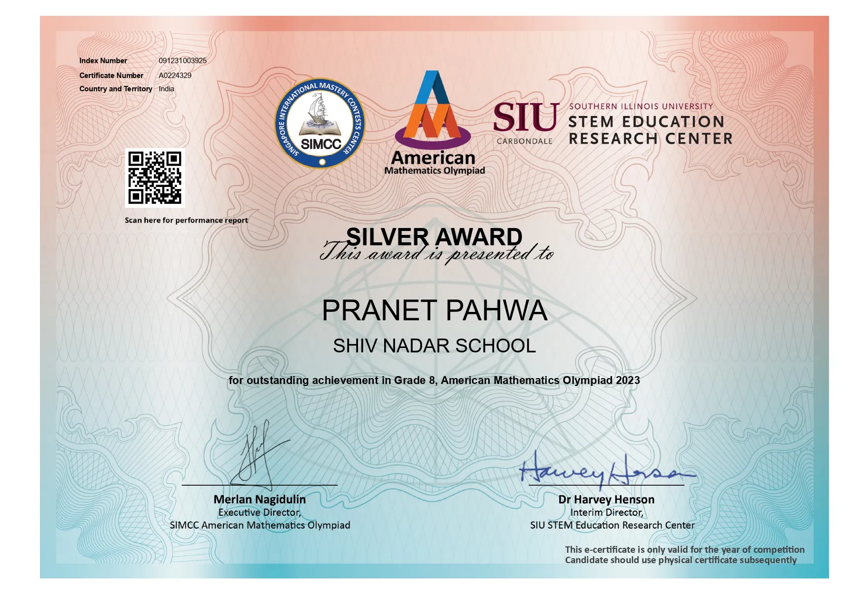 Pranet Pahwa - Wins Silver at American Mathematics Olympiad 2023